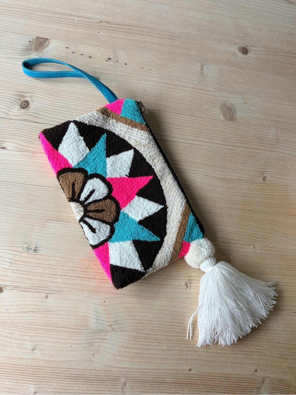 Boho Floral Star Wristlet Clutch in Turquoise, Pink & Brown